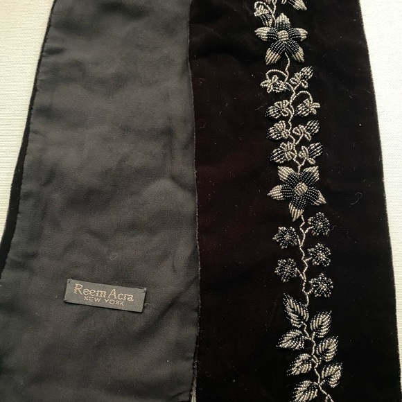 Reem Acra One of a Kind, Hand Stitched Beaded Black Velvet Scarf - Picture 2 of 3